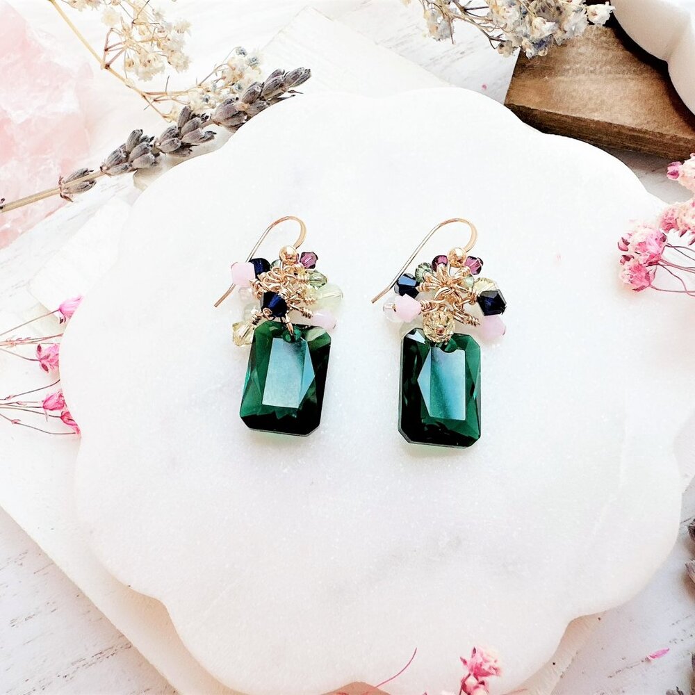 14k Gold-Filled Emerald Cut Crystal Cluster Drop Earrings | Handmade in BC